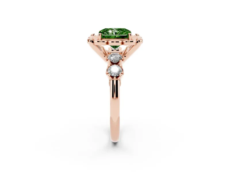 Fancy Green Radiant Cut Diamond Floral Halo Ring Set in Rose gold with Shared Prong Band