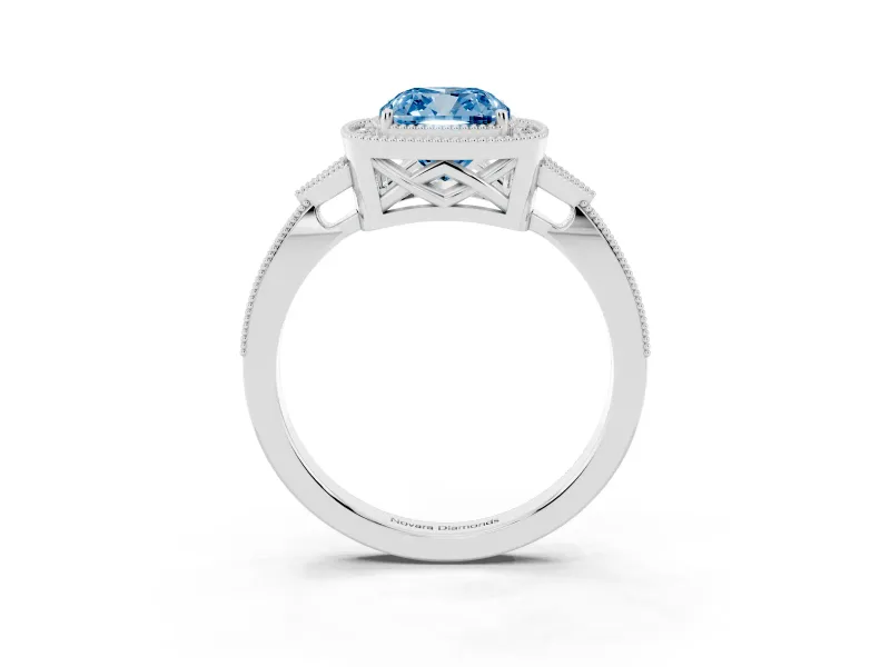 Fancy Blue Cushion Cut Diamond Halo Engagement Ring Set in Platinum with Milgrain Pavé Band