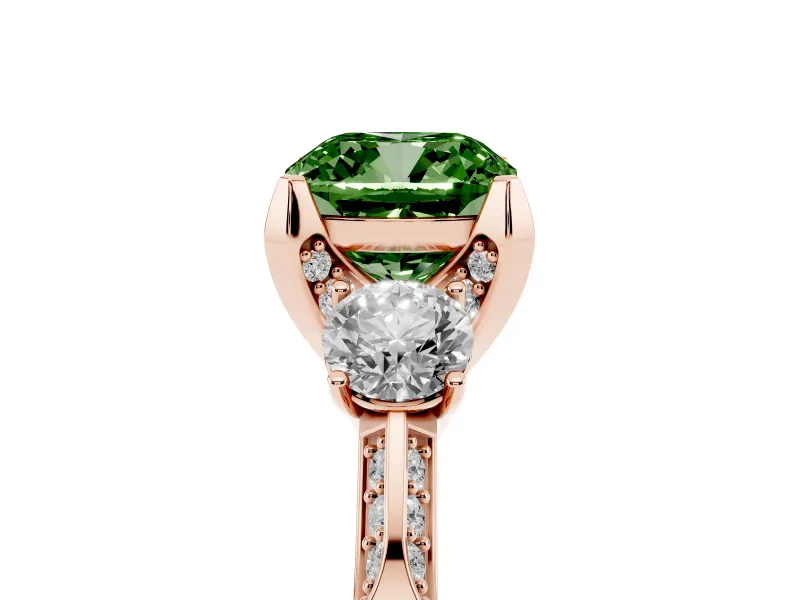 Cushion Cut Hidden Halo Three Stone Engagement Ring Setting for a Fancy Green Lab-Grown Diamond | Rose Gold