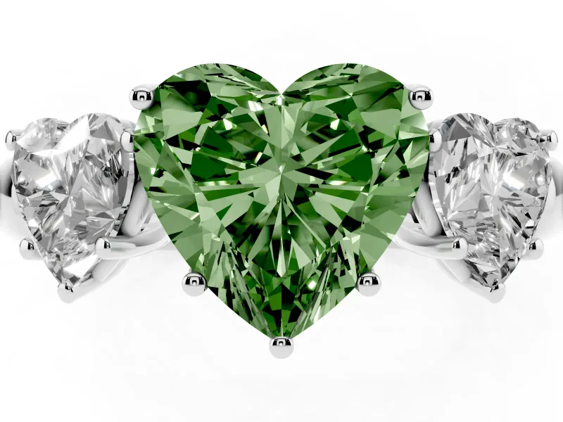 Fancy Green Heart Cut Diamond Three-Stone Ring Set in Silver with Bold Center and Classic Band