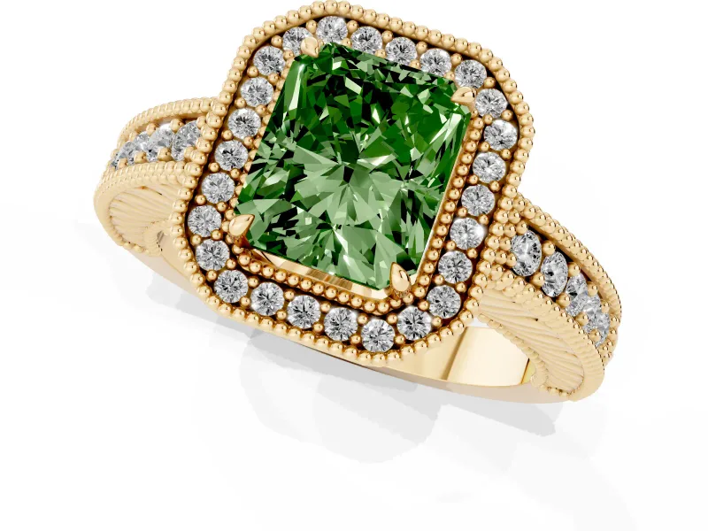 Fancy Green Radiant Cut Diamond Halo Ring Set in Yellow gold with Round Accent Halo, Pavé Band and Prong Setting