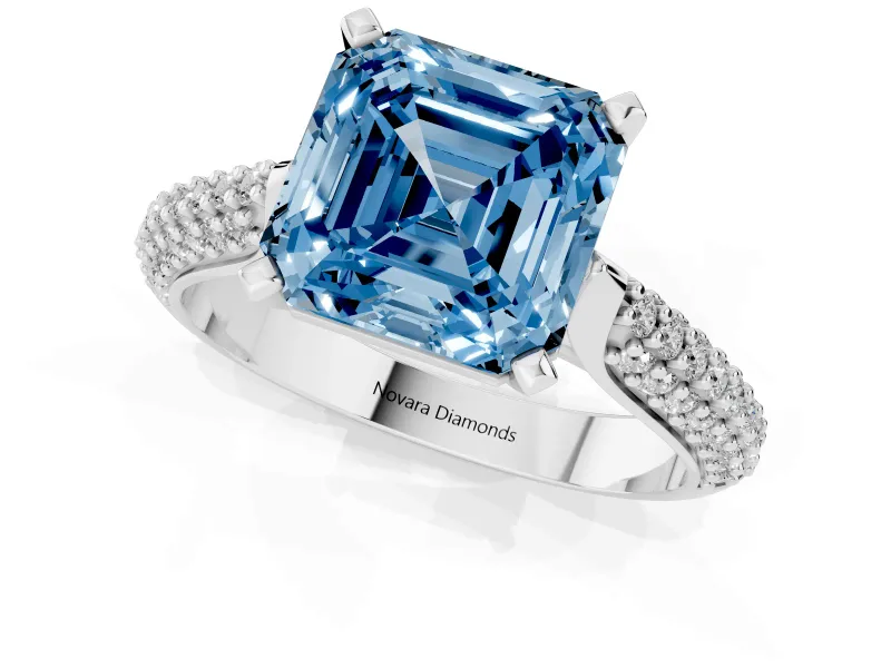 Fancy Blue Asscher Cut Diamond Solitaire Engagement Ring Set in White gold with Multi-Row Round Pavé Band and Prong Setting
