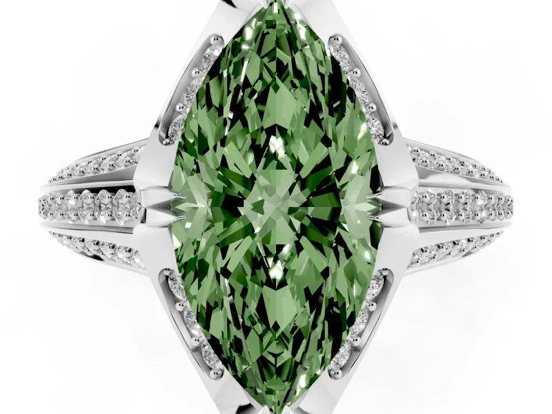 Fancy Green Marquise Cut Diamond Pavé Split Shank Solitaire Ring Set in Silver with Prong Setting