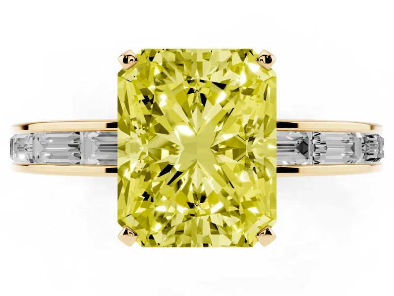 Fancy Yellow Radiant Cut Diamond Solitaire Ring Set in Yellow gold with Channel-Set Baguette Band and Prong Setting