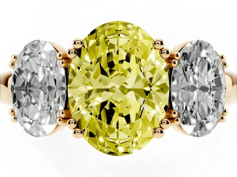 Fancy Yellow Oval Cut Diamond Three-Stone Ring Set in Yellow gold with Polished Band and Prong Setting
