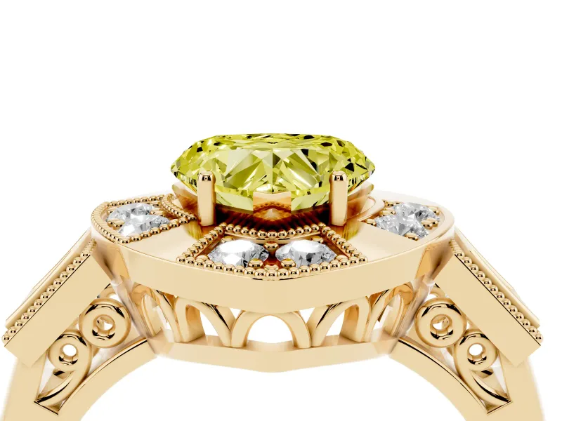 Fancy Yellow Heart Cut Diamond Milgrain Halo Ring Set in Yellow gold with Split Shank
