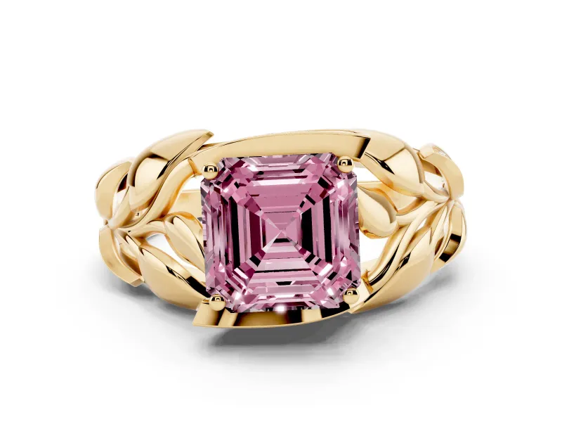 Fancy Pink Asscher Cut Diamond Leaf-Inspired Engagement Ring Set in Yellow gold with Round Accents