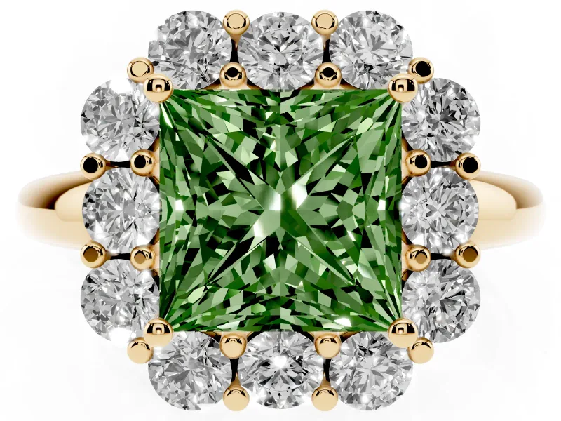 Princess Cut Graduated Milgrain Halo Engagement Ring Setting for a Fancy Green Lab-Grown Diamond | Yellow Gold