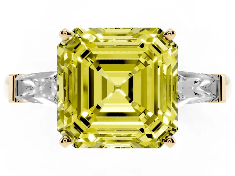 Asscher Cut Three Stone Engagement Ring Setting for a Fancy Yellow Lab-Grown Diamond | Tapered Baguettes | Yellow Gold
