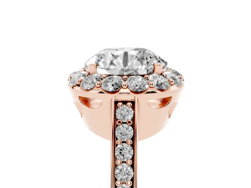 Round Cut Diamond Floral Halo Ring Set in Rose gold with Pavé Band and Prong Setting
