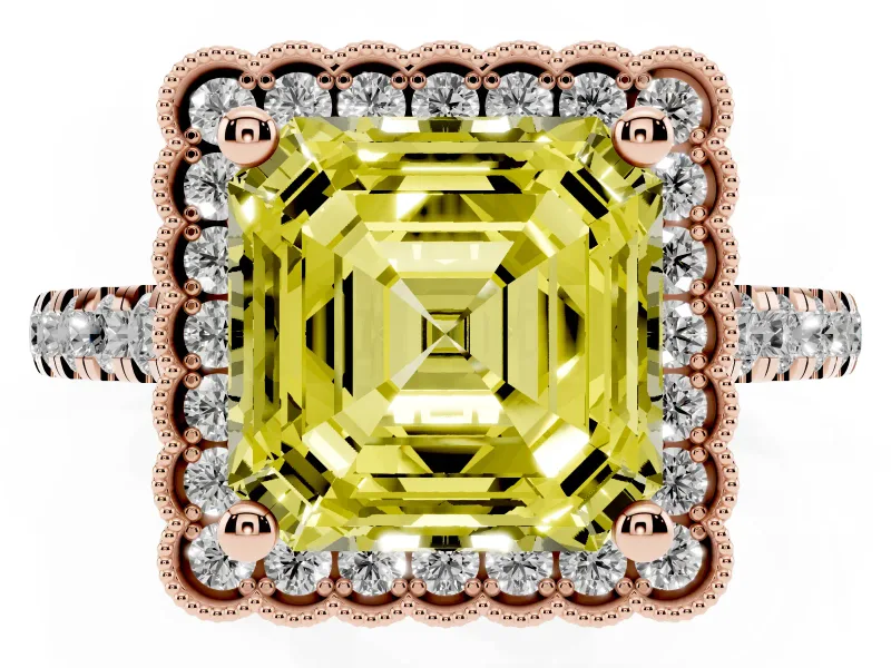 Asscher Cut Milgrain Floral Halo Engagement Ring Setting for a Fancy Yellow Lab-Grown Diamond | Pavé Band | Rose Gold