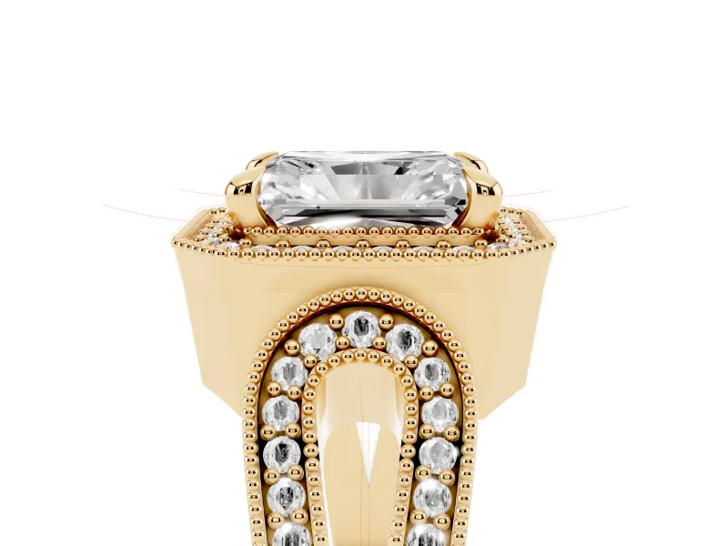 Radiant Cut Vintage Milgrain Halo Engagement Ring Setting | Open Loop Pave Shoulders | Yellow Gold
