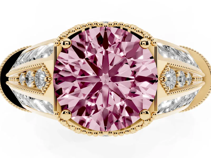 Round Vintage Milgrain Engagement Ring Setting for a Fancy Pink Lab-Grown Diamond | Hidden Halo | Yellow Gold