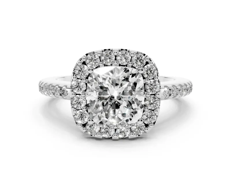Cushion Cut Diamond Pavé Halo Ring Set in Silver with Prong Setting