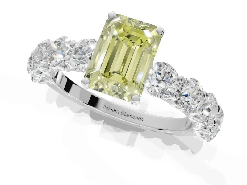 Emerald Cut Side Stone Engagement Ring Setting for a Fancy Yellow Lab-Grown Diamond | Scalloped Prong Accents | Platinum