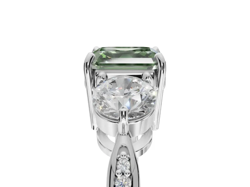 Asscher Cut Three Stone Engagement Ring Setting for a Fancy Green Lab-Grown Diamond | Tapered Pave Band | Platinum