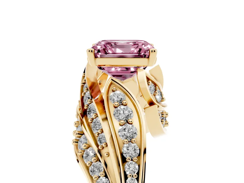 Asscher Cut Bypass Hidden Halo Engagement Ring Setting for a Fancy Pink Lab-Grown Diamond | Graduated Pavé | Yellow Gold