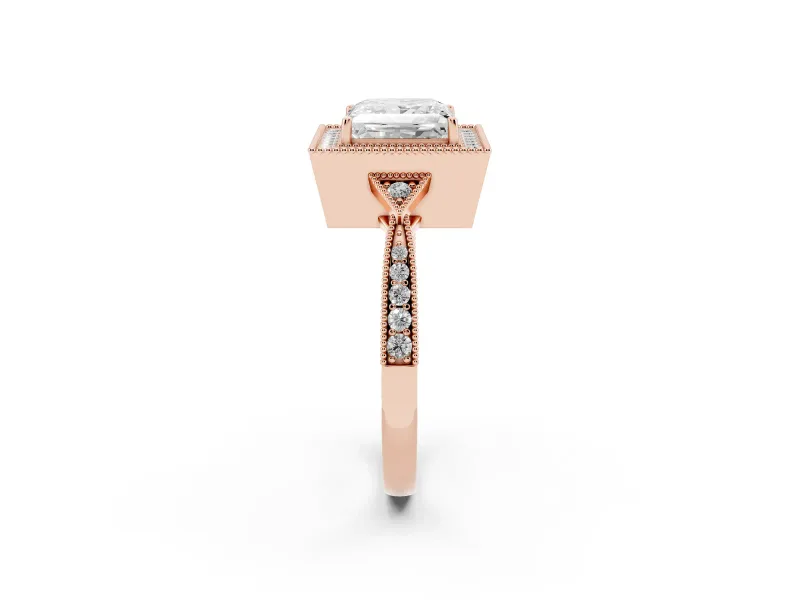 Princess Cut Diamond Halo Engagement Ring Set in Rose gold with Milgrain Pavé Band