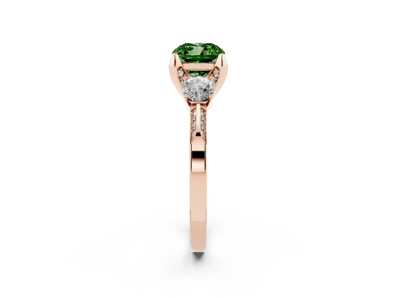 Cushion Cut Hidden Halo Three Stone Engagement Ring Setting for a Fancy Green Lab-Grown Diamond | Rose Gold