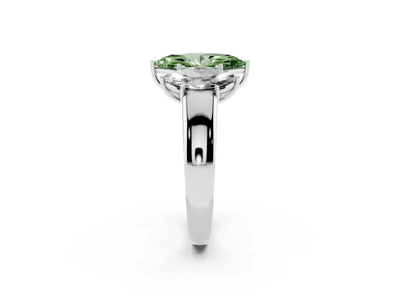 Fancy Green Three-Stone Marquise Cut Diamond Ring Set in Platinum with Matching Prong Settings and Plain Band