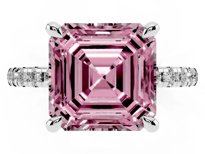 Fancy Pink Asscher Cut Diamond Brilliant Solitaire Ring Set in White gold with Pavé Band and Prong Setting