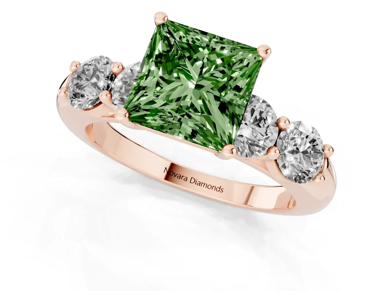 Princess Cut Five Stone Engagement Ring Setting for a Fancy Green Lab-Grown Diamond | Prong Set Side Stones | Rose Gold