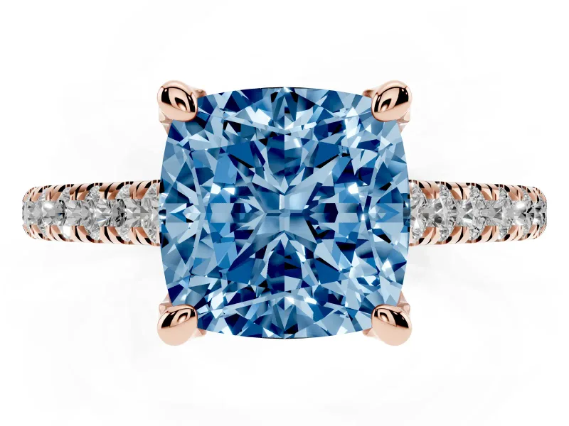 Cushion Cut Hidden Halo Pave Engagement Ring Setting for a Fancy Blue Lab-Grown Diamond | Claw Prongs | Rose Gold