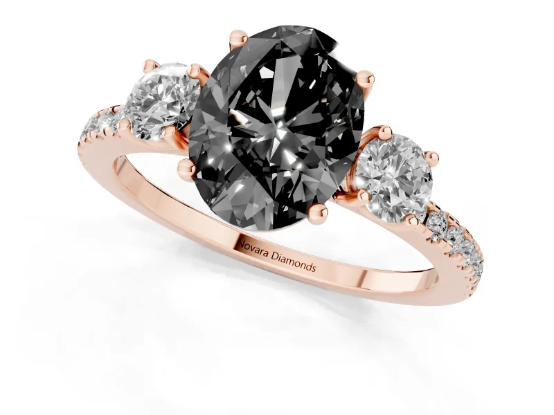 Fancy Black Oval Cut Diamond Three-Stone Ring Set in Rose gold with Pavé Band and Graduated Sides