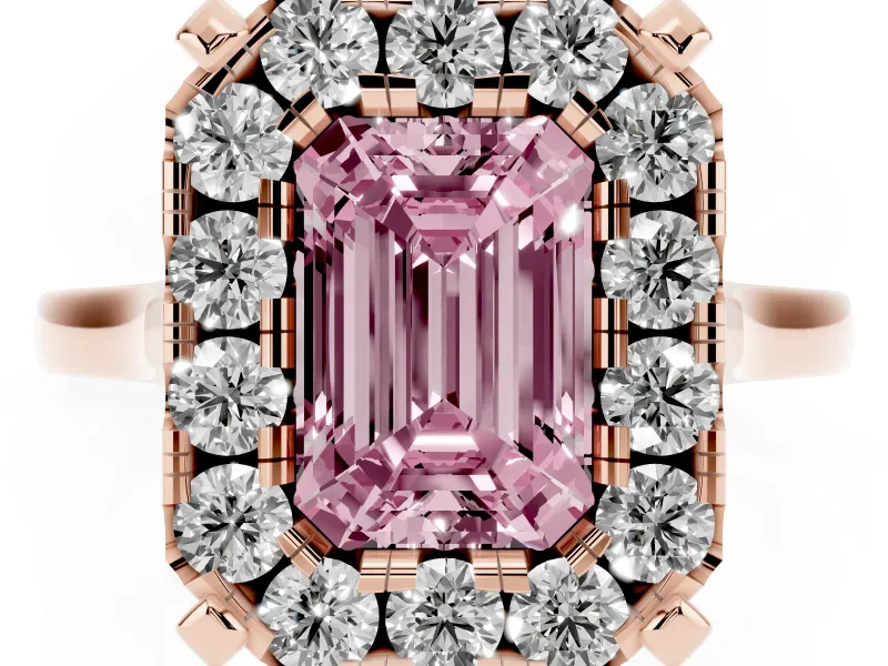 Emerald Cut Claw Corner Halo Engagement Ring Setting for a Fancy Pink Lab-Grown Diamond | Slim Plain Band | Rose Gold