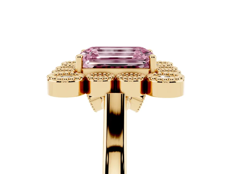 Emerald Cut Milgrain Cluster Halo Engagement Ring Setting for a Fancy Pink Lab-Grown Diamond | Plain Band | Yellow Gold
