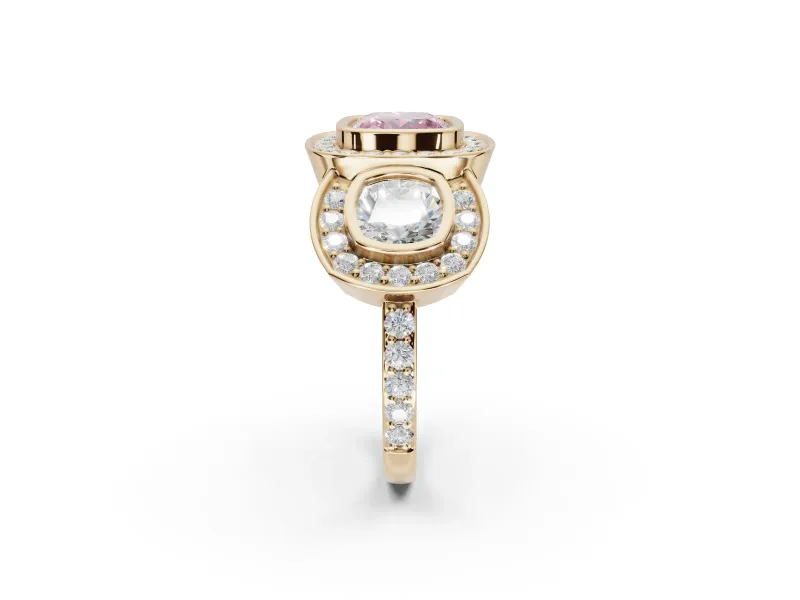 Cushion Cut Three Stone Halo Engagement Ring Setting for a Fancy Pink Lab-Grown Diamond | Bezel Set | Yellow Gold