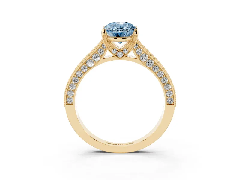 Oval Vintage Hidden Halo Engagement Ring Setting for a Fancy Blue Lab-Grown Diamond | Milgrain Pave Band | Yellow Gold