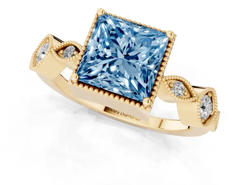 Fancy Blue Princess Cut Diamond Vintage-Inspired Milgrain Ring Set in Yellow gold with Marquise Stations of Round Accents