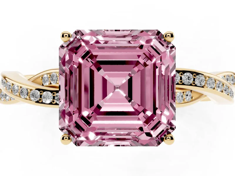 Fancy Pink Asscher Cut Diamond Solitaire Twisted Pavé Ring Set in Yellow gold with Prong Setting