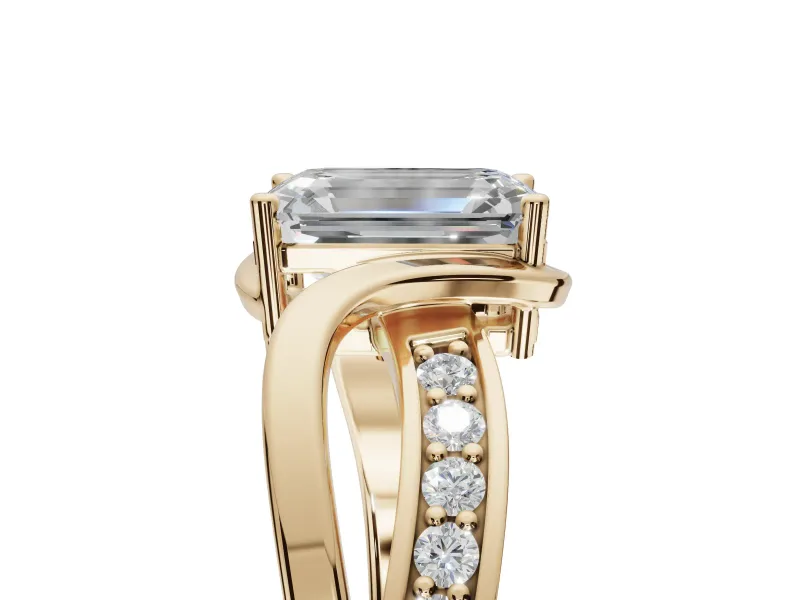 Emerald Cut Bypass Solitaire Engagement Ring Setting | Pavé and Plain Strands | Yellow Gold