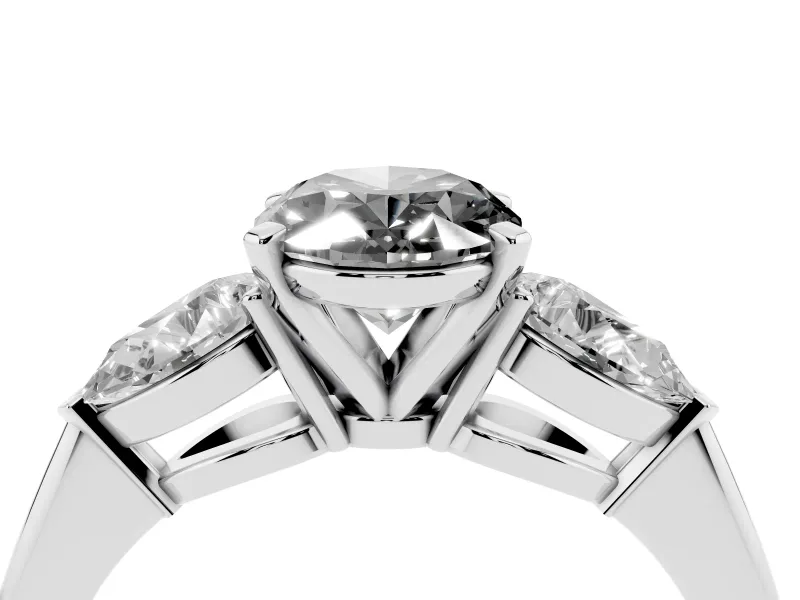 Fancy Black Three-Stone Oval Cut Diamond Ring Set in Platinum with Pear Side Stones and Prong Setting