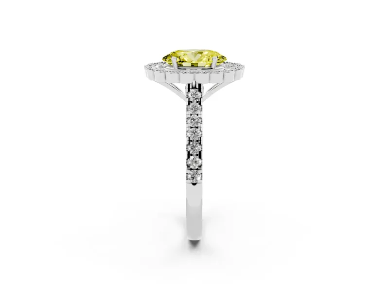Fancy Yellow Oval Cut Diamond Milgrain Floral Halo Engagement Ring Set in Platinum with Pavé Band