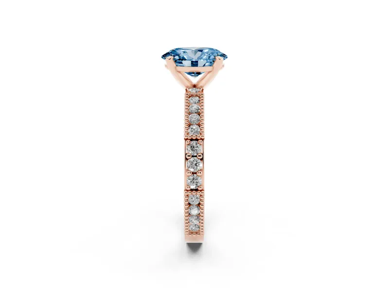 Fancy Blue Oval Cut Diamond Solitaire Ring Set in Rose gold with Slim Pavé Band and Prong Setting