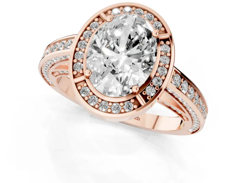 Oval Cut Diamond Halo Pavé Split Shank Ring Set in Rose gold with Prong Setting