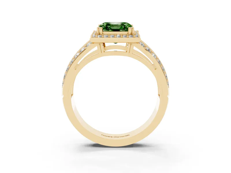 Asscher Cut Halo Engagement Ring Setting for a Fancy Green Lab-Grown Diamond | Two-Row Pave Split Shank | Yellow Gold