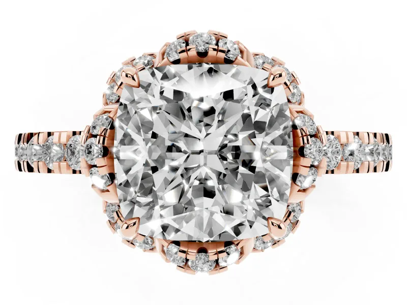 Cushion Cut Diamond Halo Pavé Band Ring Set in Rose gold with Prong-Held Center
