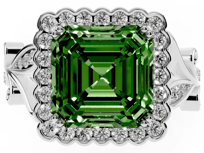 Asscher Cut Leaf Halo Engagement Ring Setting for a Fancy Green Lab-Grown Diamond | White Gold