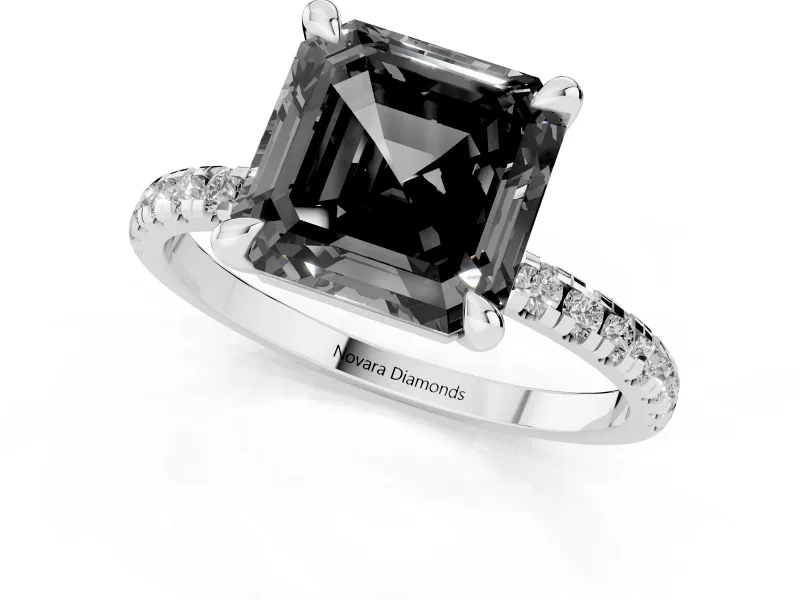 Fancy Black Asscher Cut Diamond Brilliant Solitaire Ring Set in White gold with Pavé Band and Prong Setting