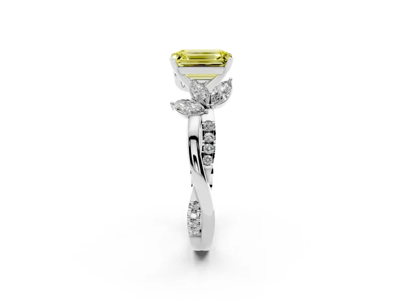 Fancy Yellow Emerald Cut Diamond Floral Vine Solitaire Engagement Ring Set in White gold with Marquise Leaves