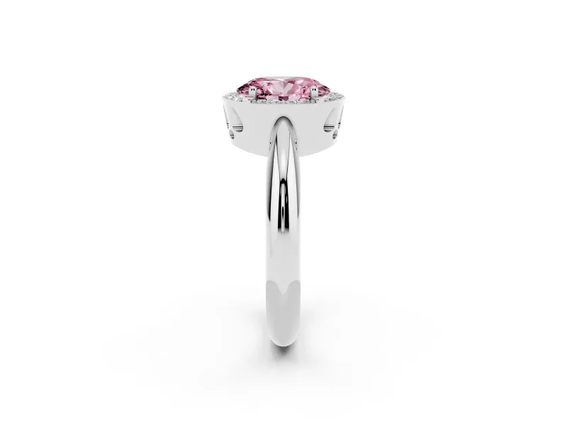 Fancy Pink Oval Cut Diamond Halo Engagement Ring Set in White gold with Plain Split Shank and Prong Setting