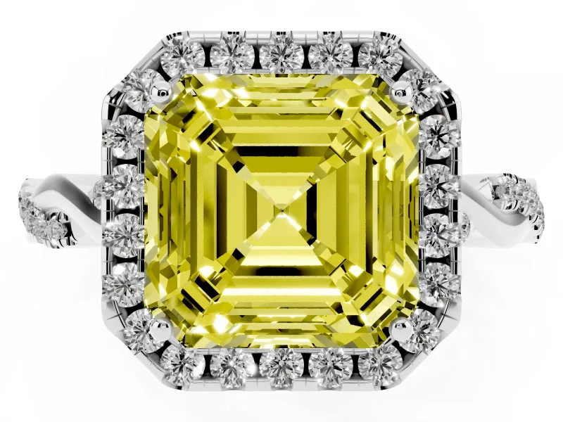 Asscher Cut Halo Engagement Ring Setting for a Fancy Yellow Lab-Grown Diamond | Pavé Twist Band | Sterling Silver