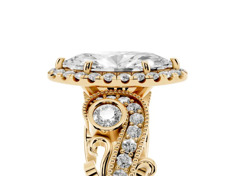 Marquise Cut Diamond Halo Ring Set in Yellow gold with Milgrain Pavé Band and Prong Setting