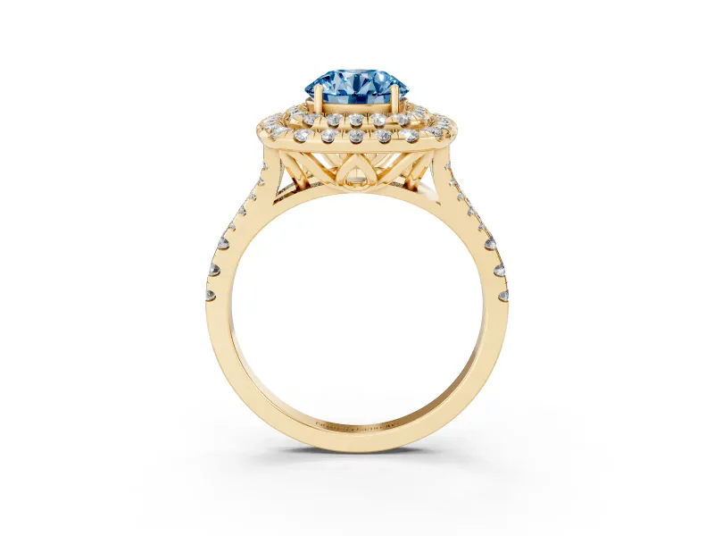 Round Halo Split Shank Engagement Ring Setting for a Fancy Blue Lab-Grown Diamond | Pavé Strands | Yellow Gold