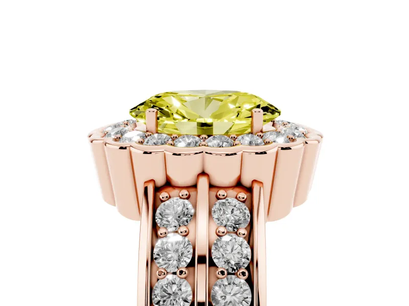 Fancy Yellow Oval Cut Diamond Scalloped Halo Ring Set in Rose gold with Pavé Split Shank