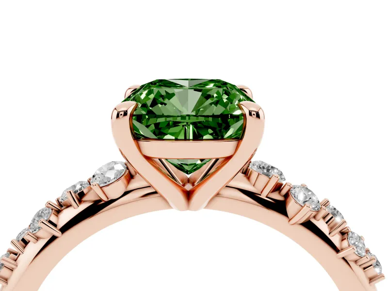 Fancy Green Cushion Cut Diamond Solitaire Vine Band Ring Set in Rose gold with Round Accents and Prong Setting